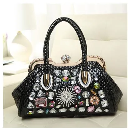 Women's Oblique Color Diamond Drill Rhinestone Clip Lock Shoulder Handbag