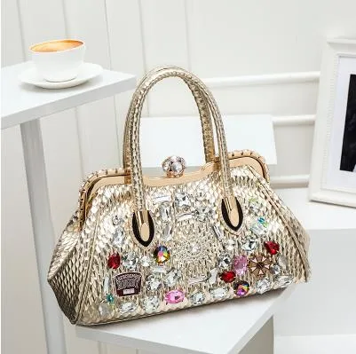 Women's Oblique Color Diamond Drill Rhinestone Clip Lock Shoulder Handbag