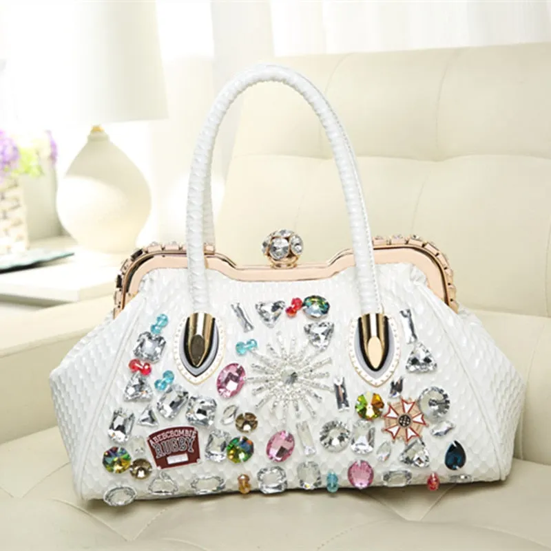 Women's Oblique Color Diamond Drill Rhinestone Clip Lock Shoulder Handbag