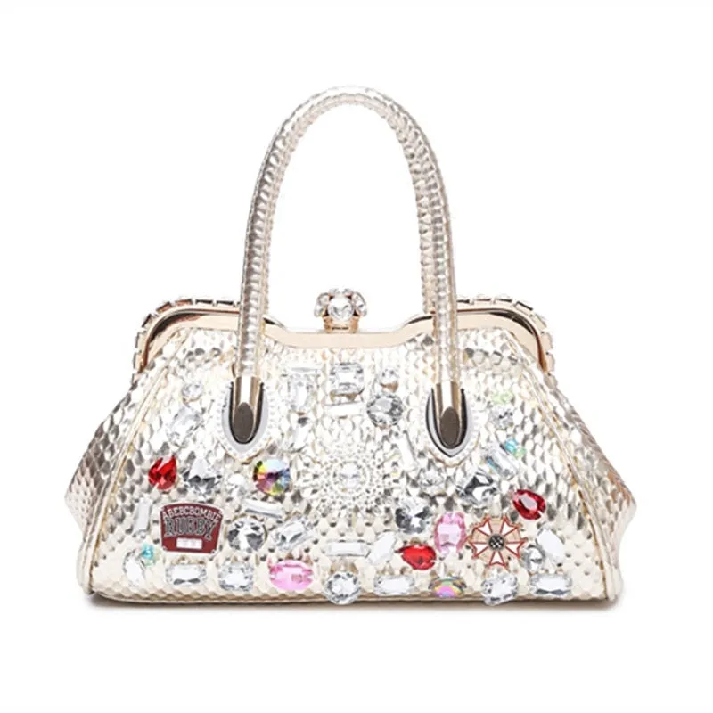 Women's Oblique Color Diamond Drill Rhinestone Clip Lock Shoulder Handbag