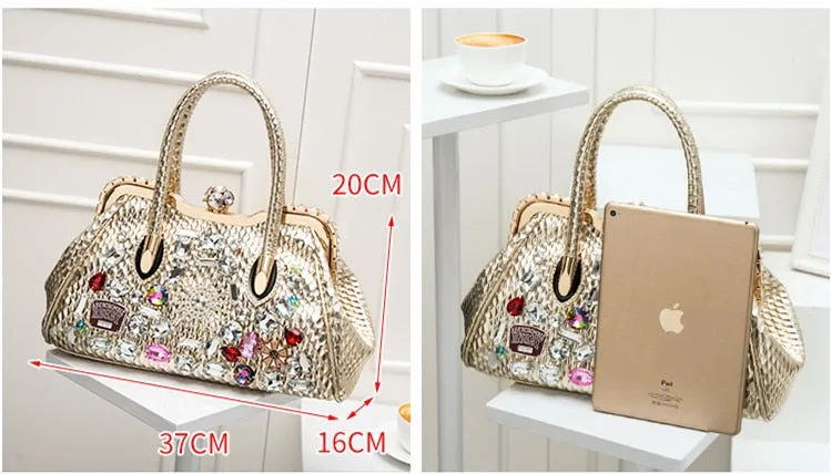 Women's Oblique Color Diamond Drill Rhinestone Clip Lock Shoulder Handbag