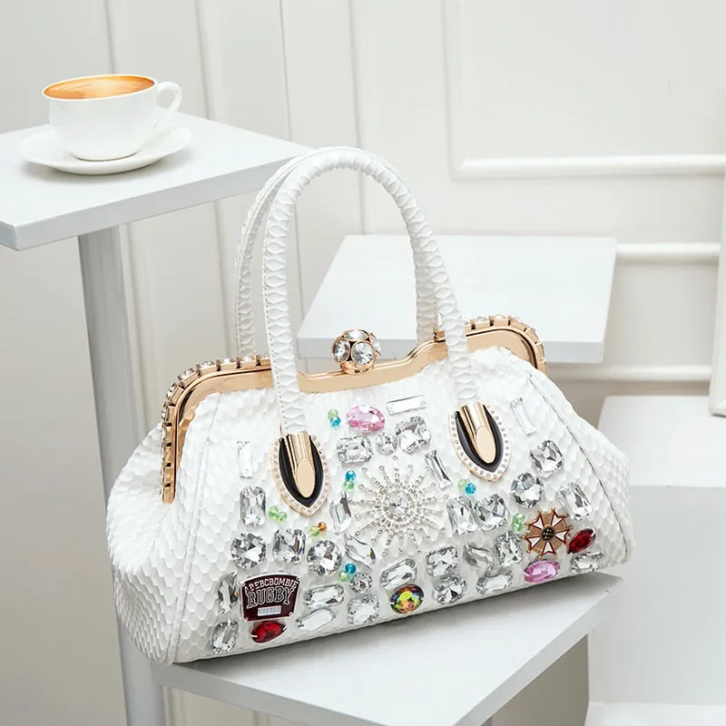 Women's Oblique Color Diamond Drill Rhinestone Clip Lock Shoulder Handbag