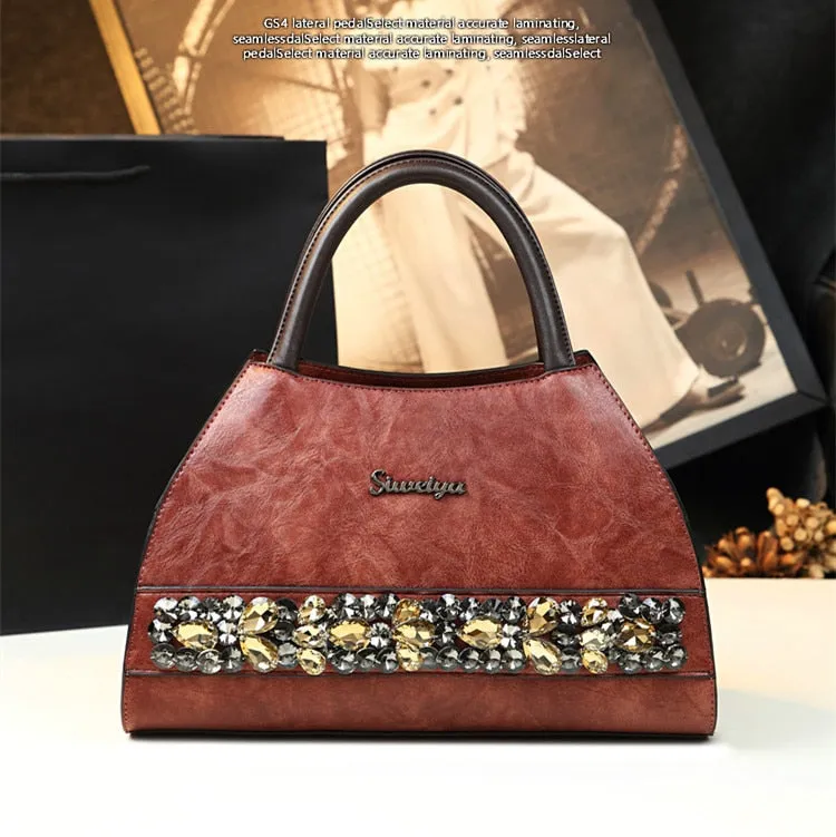 Women's Retro Style Soft Leather Diamond Stripe Pattern Handbag